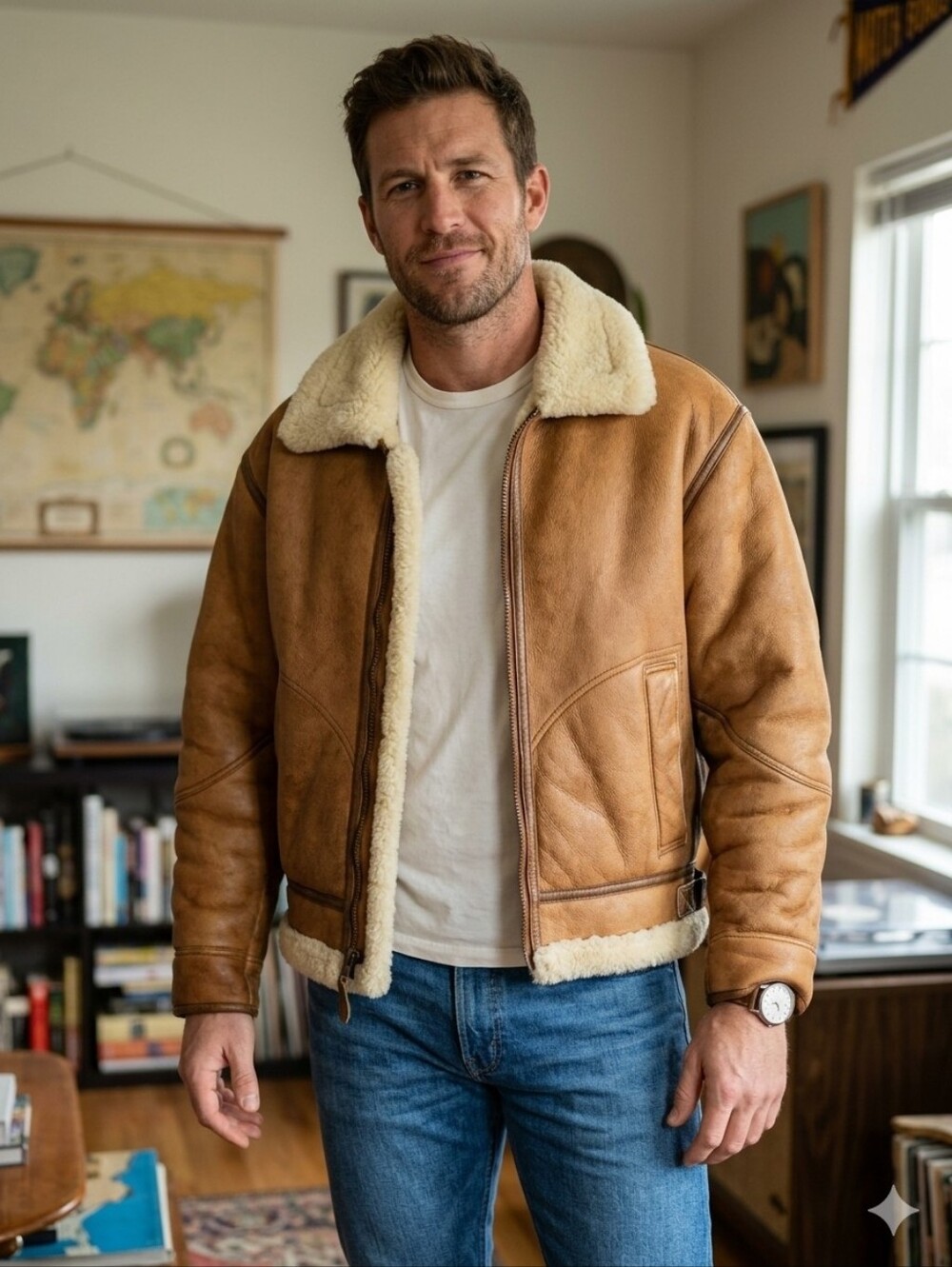 Vintage 90s Pioneer Wear Men's XL Tan Leather Shearling-lined Bomber Jacket.